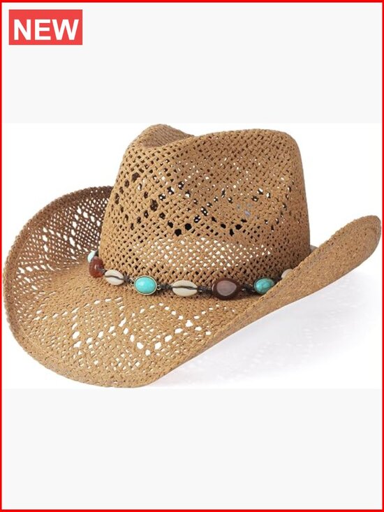 Accessories - Straw Wide Brim Cowboy Hat with Shapeable Brim for Women
